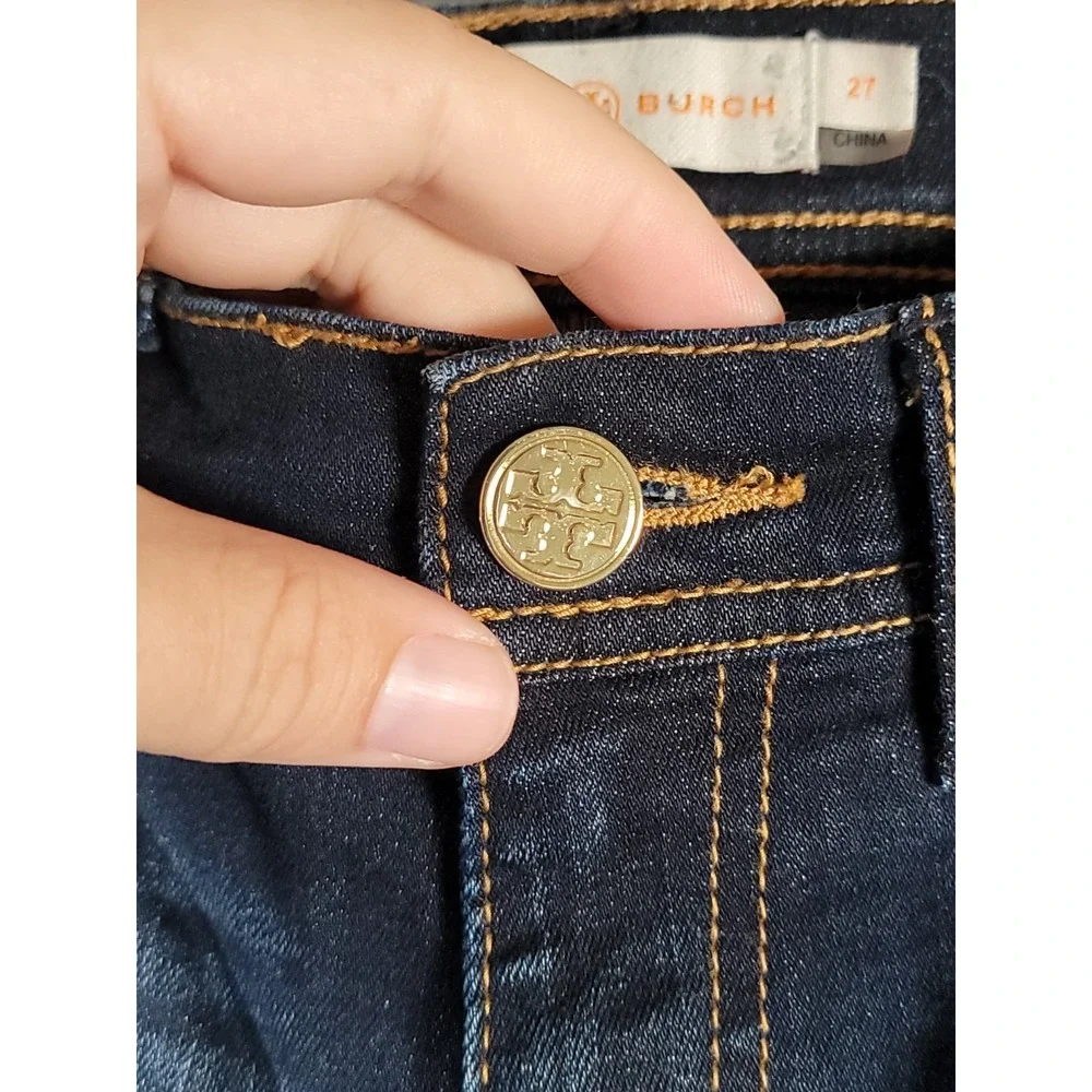 Tory Burch Jeans Womens 27 (Fits 28) Bootcut Denim Logo Back Pockets Dark Wash
